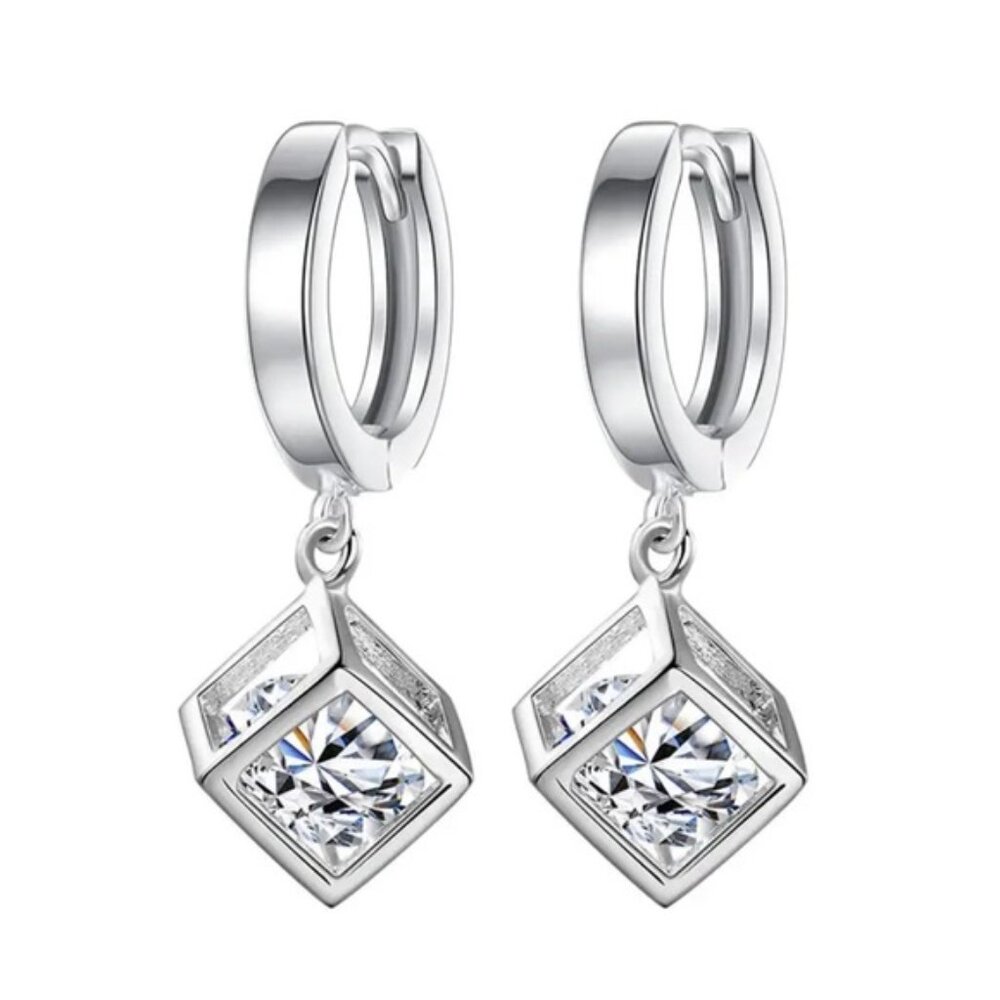 925 Sterling Silver Crystal Hollow Square Box Drop Earrings - Picture 7 of 7